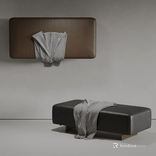 Modern Soft Leather Upholstered Bench With Gray Knitted Throw Blanket 3d model