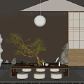 Japanese Style Tea Room Interior With Shoji Screens Hanging Lantern And Potted Pine Tree