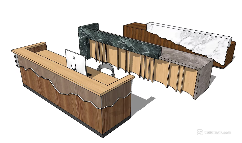 Modern Reception Desks With Wooden Structure Marble Countertops And Computer Setup 3d model