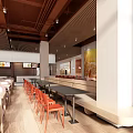 Modern Restaurant Interior With Orange Chairs Wooden Tables Wooden Ceiling And Large Windows