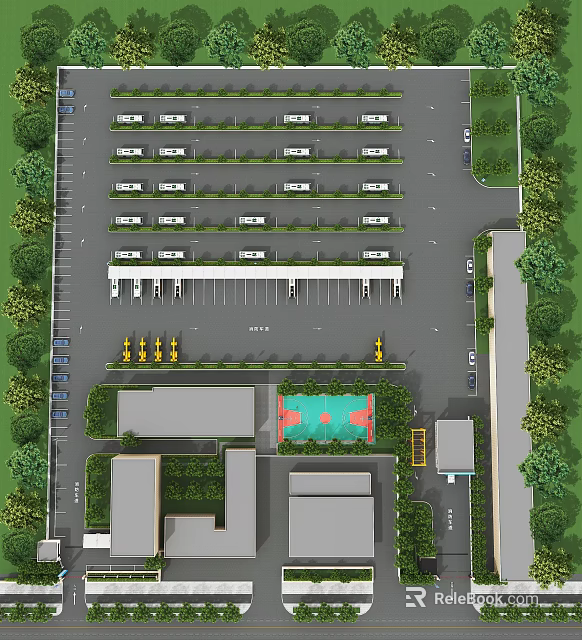 Birds Eye View Planning of Parking Lot with Building Layout and Surrounding Greenery 3d model 
