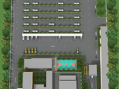 Birds Eye View Planning of Parking Lot with Building Layout and Surrounding Greenery 3d model