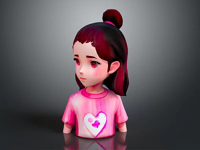 Cute 3D Game Movie Character With Burgundy Hair Bun Pink T-Shirt White Heart Design 3d model