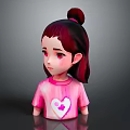 Cute 3D Game Movie Character With Burgundy Hair Bun Pink T-Shirt White Heart Design
