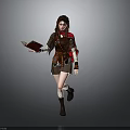 Female Adventurer In Brown Outfit Red Cape With Small Animal Companion Holding Book