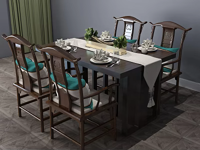 Dark Wooden Dining Table Set With Four Chairs Green Cushions White Tablecloth And Tableware 3d model