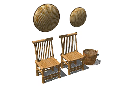 Two Bamboo Outdoor Leisure Chairs With Woven Mats And Storage Basket 3d model