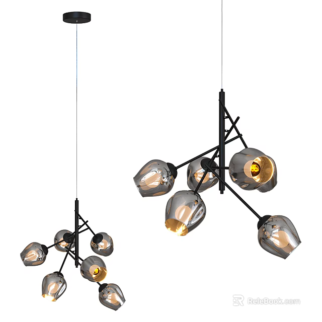 Modern Industrial Chandelier Design With Black Metal Frame Multiple Arms And Glass Shades Illuminated Bulbs 3d model 