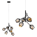 Modern Industrial Chandelier Design With Black Metal Frame Multiple Arms And Glass Shades Illuminated Bulbs