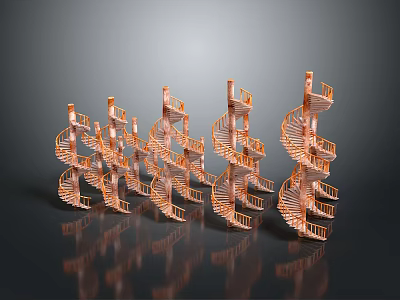 Metallic Spiral Staircases In Copper Color Arranged With Multiple Reflections On Grey Background 3d model