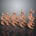Metallic Spiral Staircases In Copper Color Arranged With Multiple Reflections On Grey Background