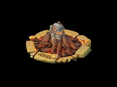 Ancient Stone Circle Fire Pit With Metal Cauldron Burning Logs And Runes 3d model