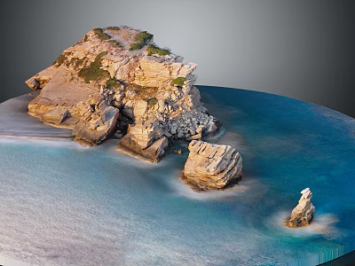 Rocky Coastal Terrain With Blue Water Scattered Rock Formations And Greenery 3d model