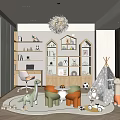 Children's Room Interior With Wooden Bookshelves Colorful Chairs Toys Teepee And Chandelier