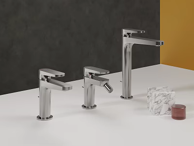 Three Silver Faucets On White Countertop With Dark Gray Yellow Background Marble Cube Red Cup 3d model