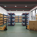 Spacious Warehouse Interior With Metal Storage Racks Cartons And Pallet Jacks