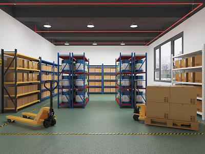Spacious Warehouse Interior With Metal Storage Racks Cartons And Pallet Jacks 3d model