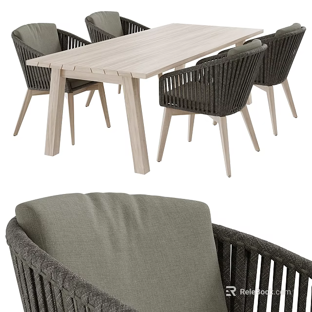 Modern Table And Chair Set With Light Wood Table Wicker Chairs And Gray Fabric Cushions 3d model 