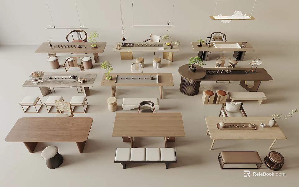 Modern Natural Wood Tea Table and Chairs in Various Simple Designs for Home 3d model 