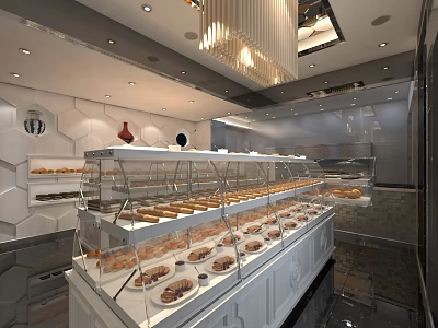 Modern Dessert Shop Interior With Glass Display Case And Pastries 3d model