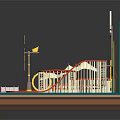 Amusement Park Rides Featuring Roller Coaster Ferris Wheel Windmill Green Hills Clouds And Sun