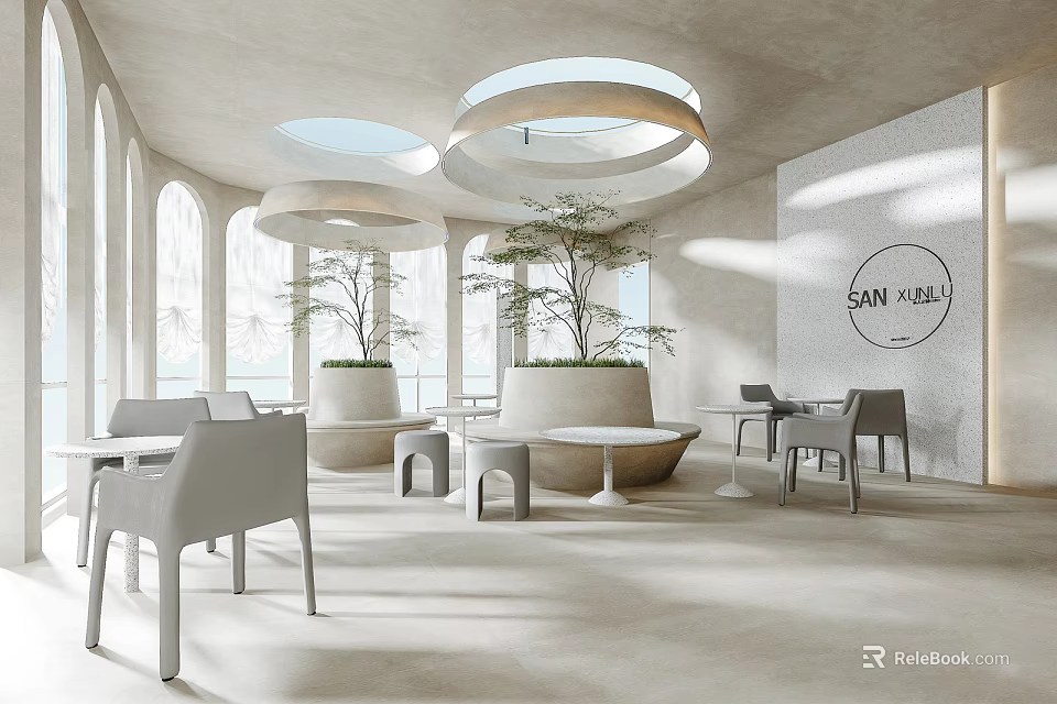 Modern Elegant Milk Tea Shop Interior With Circular Skylights And Green Plants 3d model 