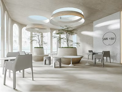 Modern Elegant Milk Tea Shop Interior With Circular Skylights And Green Plants 3d model