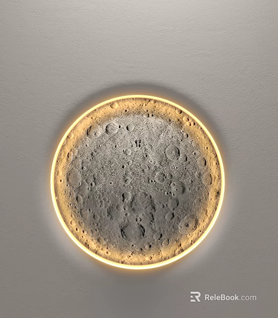 Wall Light with Round Moon Surface Texture and Yellow Glow Mounted on Gray Wall 3d model