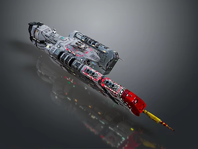 Detailed Sci Fi Spaceship 3D Model With Gray Red Body And Yellow Propulsion 3d model