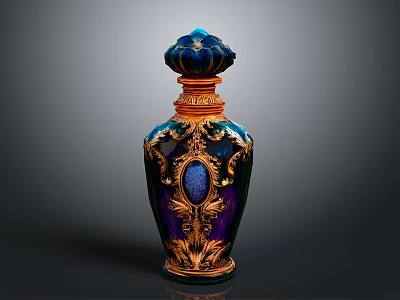 Ornate Blue Purple Gradient Vase With Lotus Shaped Top Golden Carvings And Blue Gem Accent 3d model