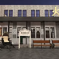 Traditional Railway Station Building At Night With Square Benches Street Lamps And Carriage