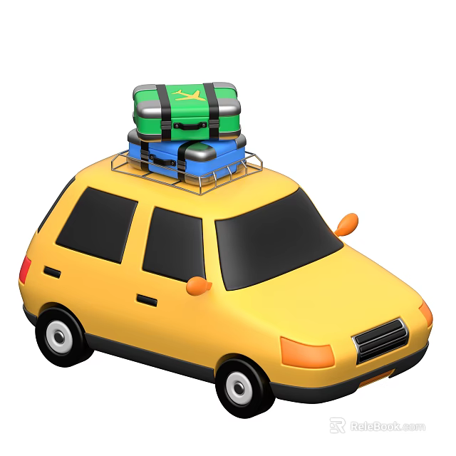 Yellow Car With Roof Luggage Rack Carrying Green And Blue Suitcases 3d model 