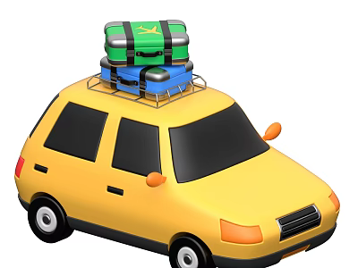 Yellow Car With Roof Luggage Rack Carrying Green And Blue Suitcases 3d model