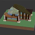 Cartoon Scene Of Colorful Block House With Brown Roof And Blue Windows On Green Base