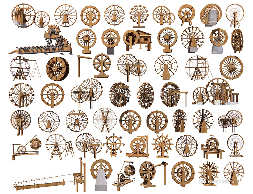 Wooden Garden Decorative Ornaments With Various Ornamental Wheels And Windmill Structures For Outdoor Decor 3d model 