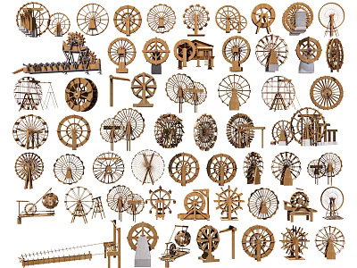 Wooden Garden Decorative Ornaments With Various Ornamental Wheels And Windmill Structures For Outdoor Decor 3d model