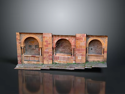 Red Brick Architectural Model With Three Arched Structures Green Moss Dark Background And Reflection 3d model