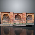 Red Brick Architectural Model With Three Arched Structures Green Moss Dark Background And Reflection 3d model
