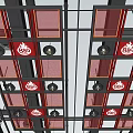 Modern Suspended Ceiling Design With Red Grid Panels And Metal Frame Structure 3d model