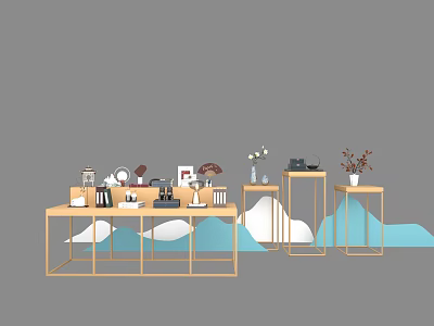 Modern Display Arrangement With Wooden Tables Decorative Vases And Mountain Shapes 3d model
