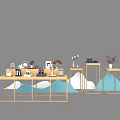 Modern Display Arrangement With Wooden Tables Decorative Vases And Mountain Shapes