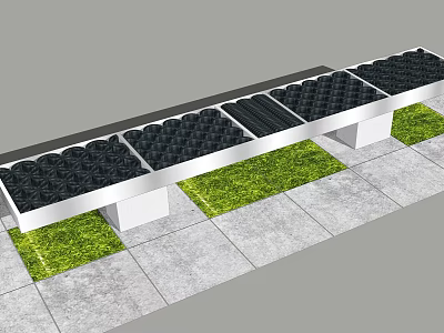 Modern Landscape Seat With Black Circular Panels White Supports Green Grass And Gray Stone Pavement 3d model
