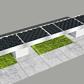 Modern Landscape Seat With Black Circular Panels White Supports Green Grass And Gray Stone Pavement