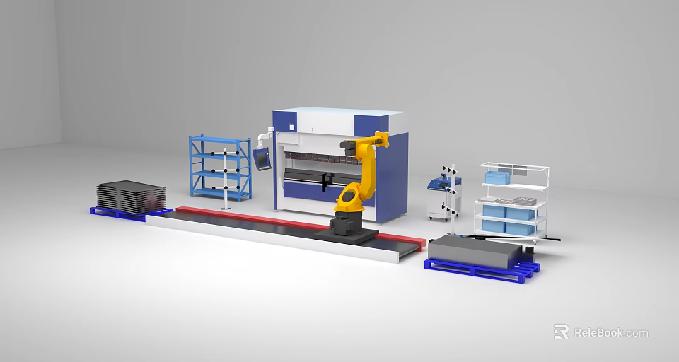 Advanced Industrial Equipment Production Line With Robotic Arm CNC Machine And Storage Shelves 3d model 