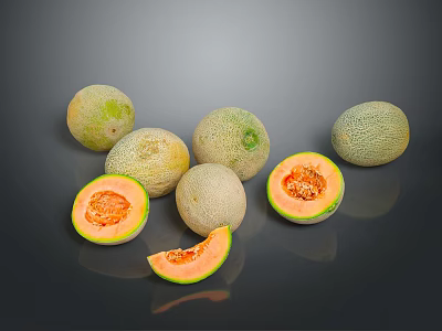 Fresh Ripe Whole And Sliced Cantaloupe Melons For Daily Life Healthy Snacks 3d model