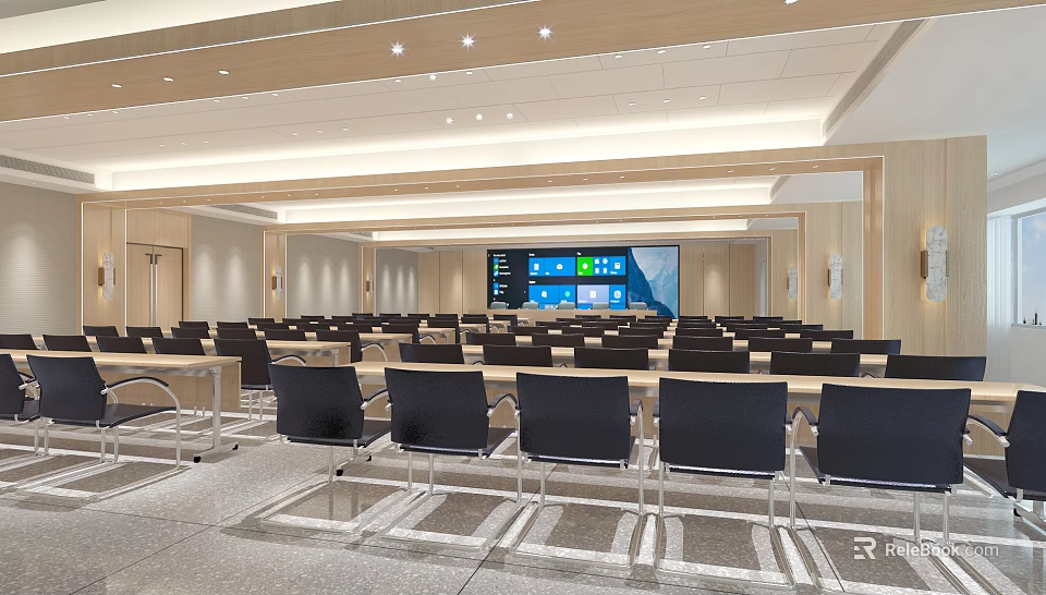Modern Conference Room Interior with Spacious Seating Wooden Decor and Large Display Screen 3d model 