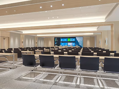 Modern Conference Room Interior with Spacious Seating Wooden Decor and Large Display Screen 3d model