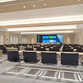 Modern Conference Room Interior with Spacious Seating Wooden Decor and Large Display Screen