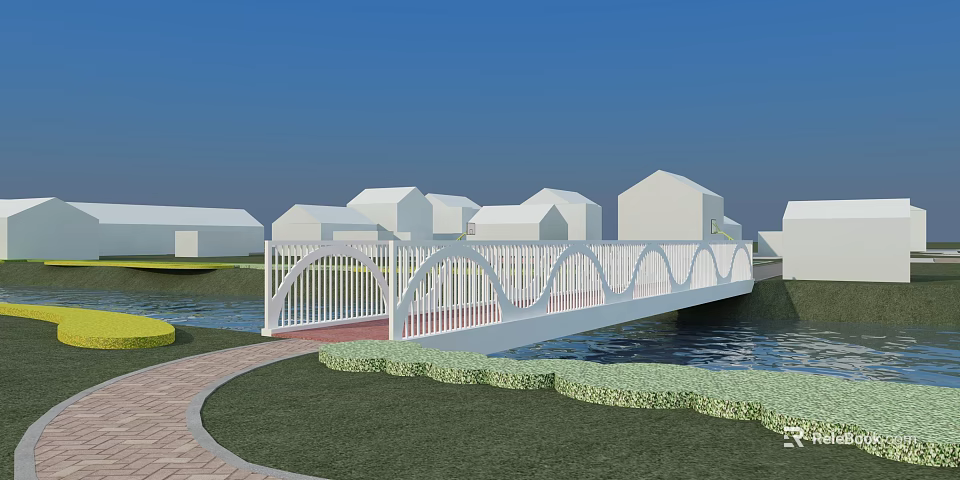 Scenic White Arch Bridge Over Water With Green Lawns White Houses And Blue Sky 3d model 