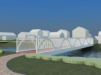 Scenic White Arch Bridge Over Water With Green Lawns White Houses And Blue Sky 3d model